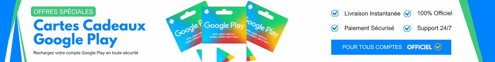 Bannière animée des cartes cadeaux et recharges jeux vidéo et abonnements (PlayStation, Xbox, Nintendo, Netflix, Roblox, Steam, Apple)